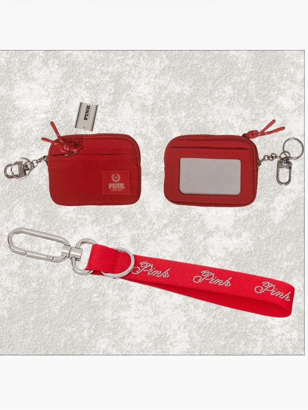 VS PINK ZIP CARD HOLDER KEYCHAIN in RED & Wristlet Keychain Strap in RED BLING